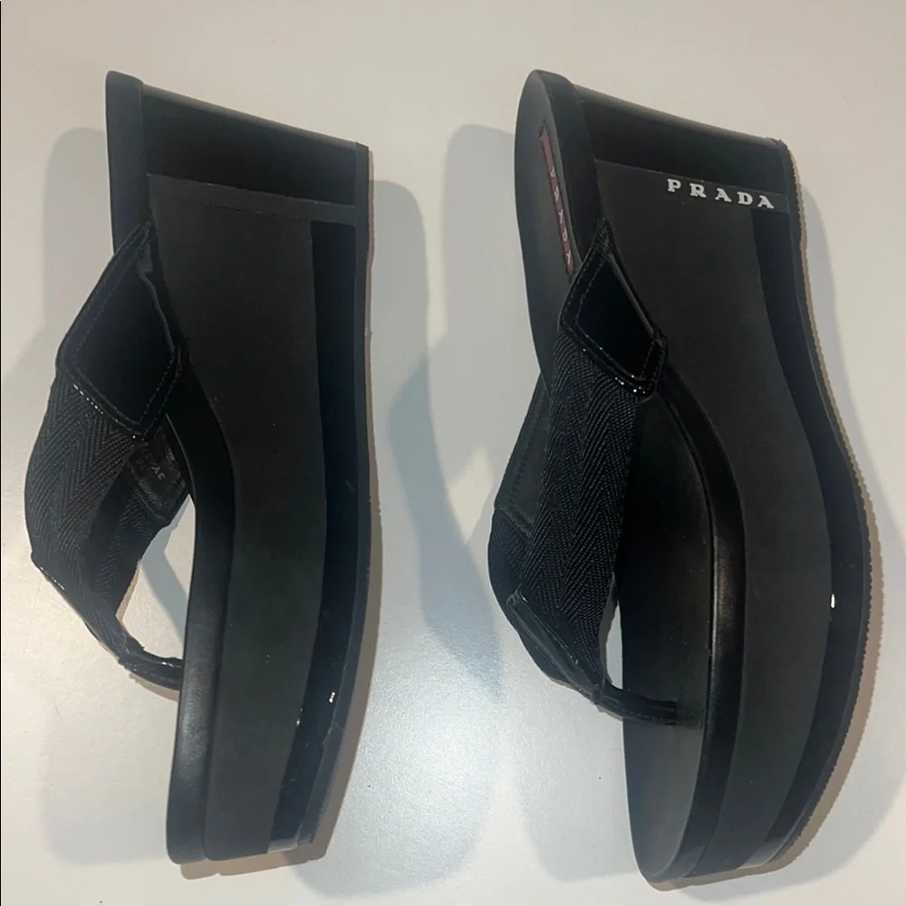 Prada Black Wedge Flip-Flip flop sandal size 38 new! No box - Picture 3 of 8